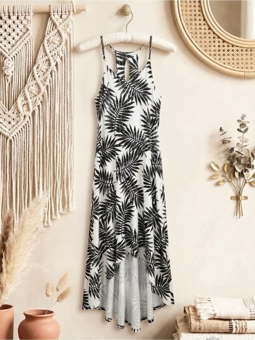 C&C California Black & White Palm-Print High-Low Maxi Dress